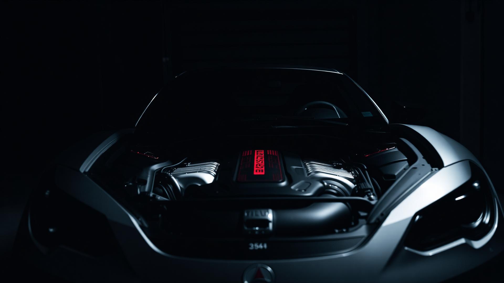 Precision engine bay under cinematic garage lighting